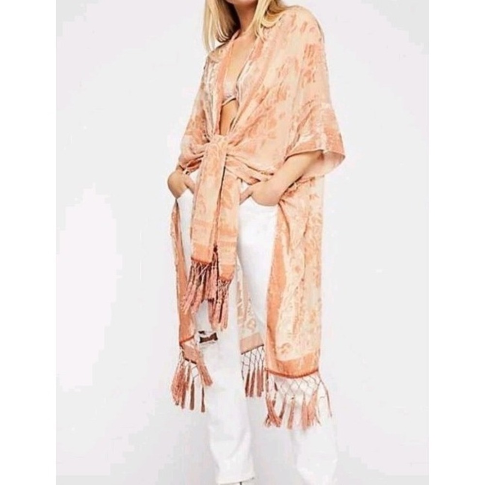 Free People Women Ivory Nightbird Sheer Velvet Flower Tassel Kimono Wrap Shawl
